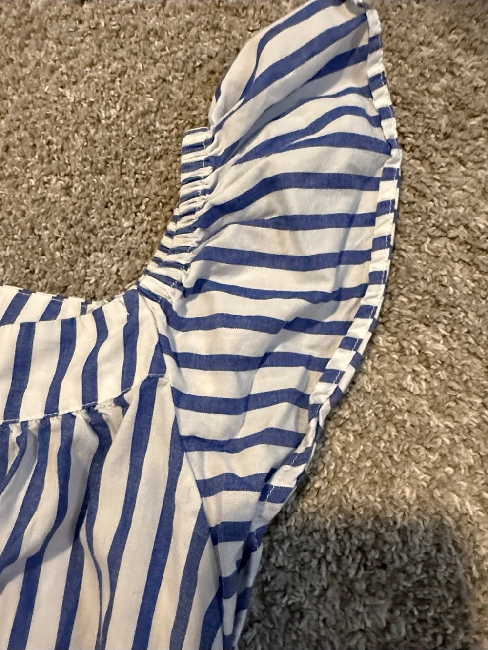 GAP Blue and White Striped Ruffle-Shoulder Dress
